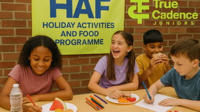 Ai image of kids working and eating